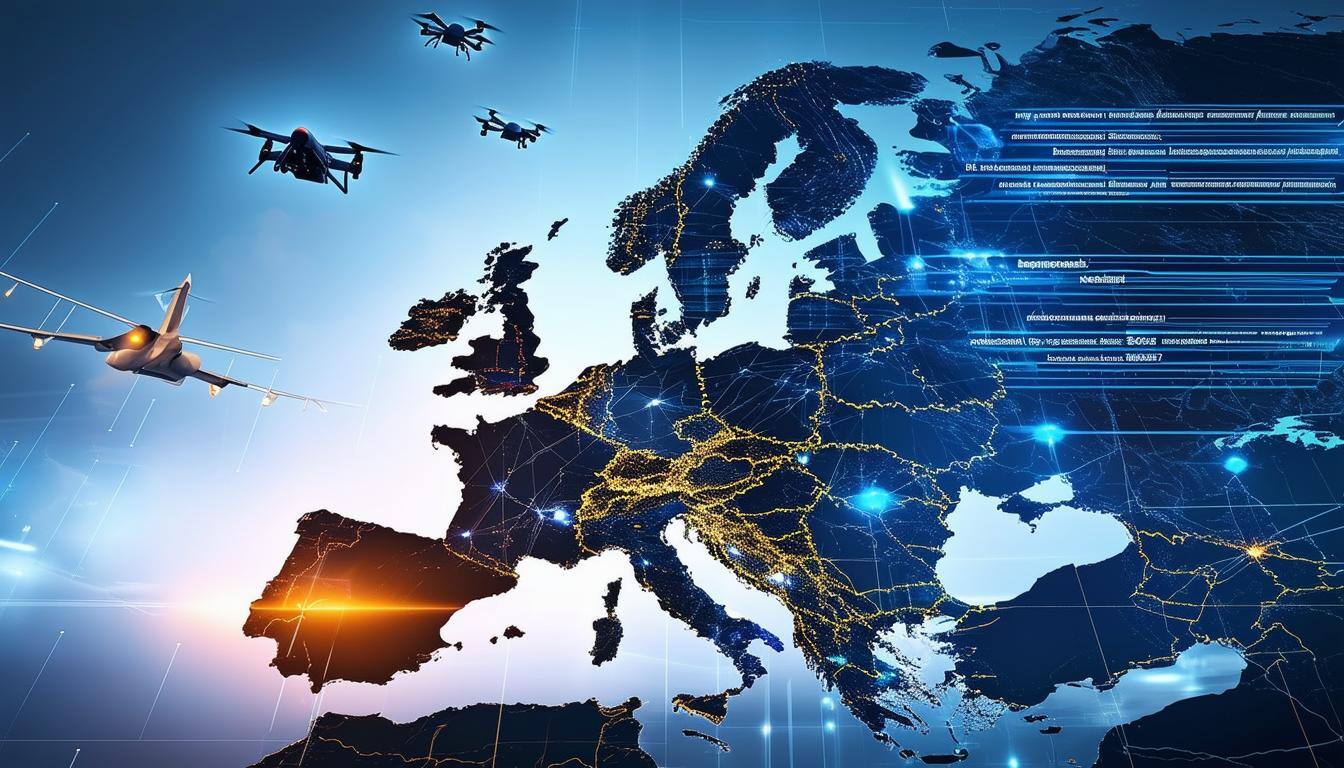 An image of European countries investing in emerging technologies in aerospace and defense, including cyber defense, artificial intelligence, UAV syst